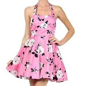 Rockabilly Pink Floral Retro Full Skirt Short A-Line Dress Swing Dance NEW Small